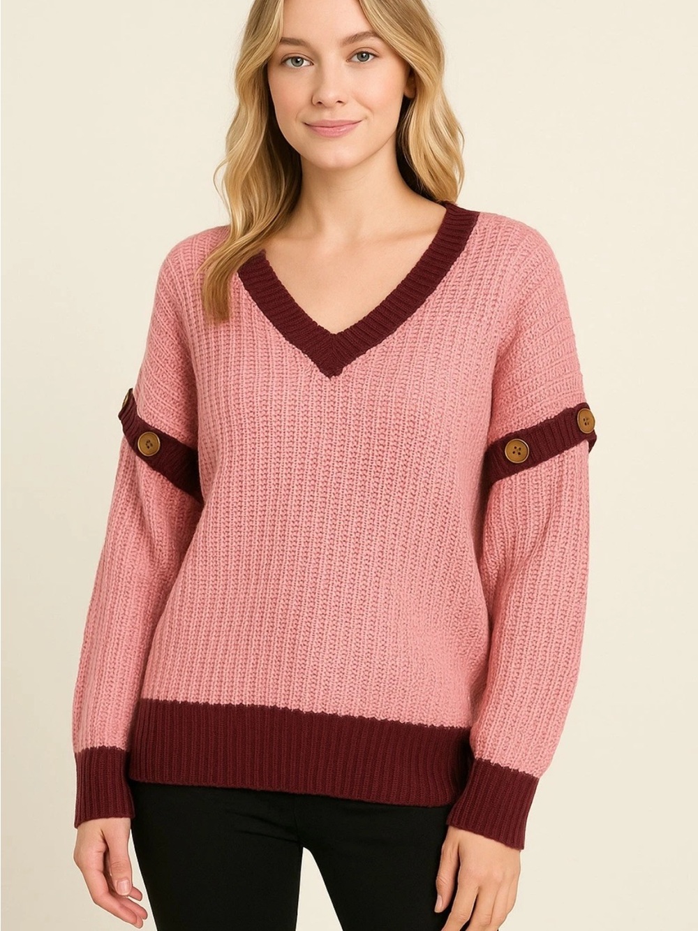Pink V-Neck Sweater with Burgundy Trim and Buttoned Sleeve Straps Boho cozy